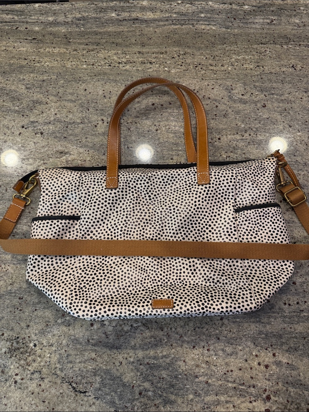 Fossil Dark Navy Dot Canvas Tote with Tan Leather Trim